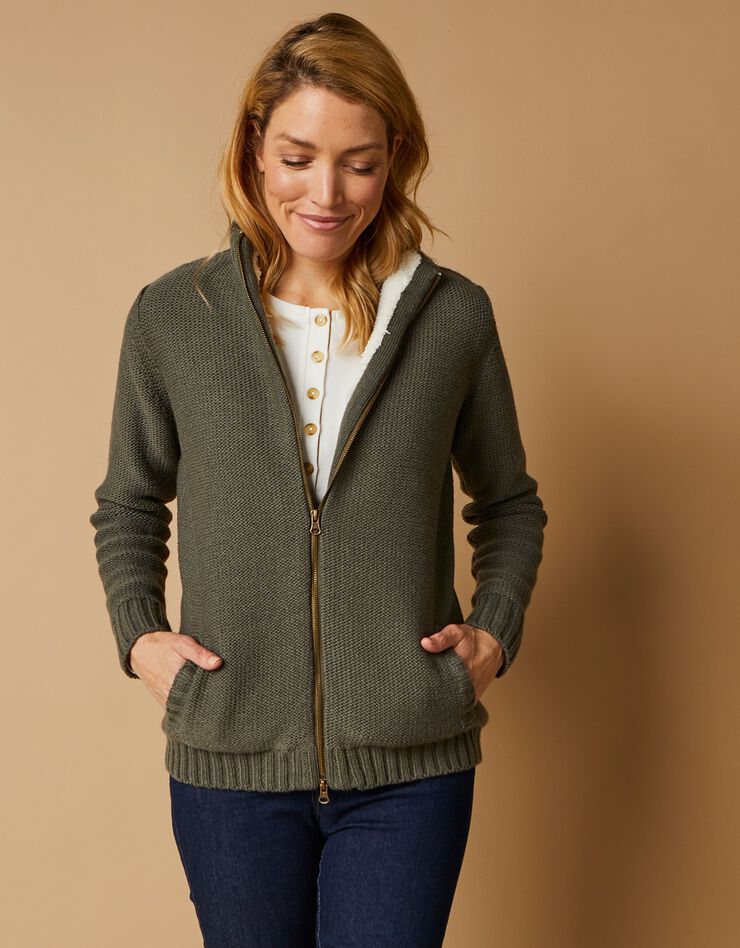 Gilet zippé 30% laine fourré "maille peluche" (kaki) Gilet zippé 30% laine fourré "maille peluche" (kaki)