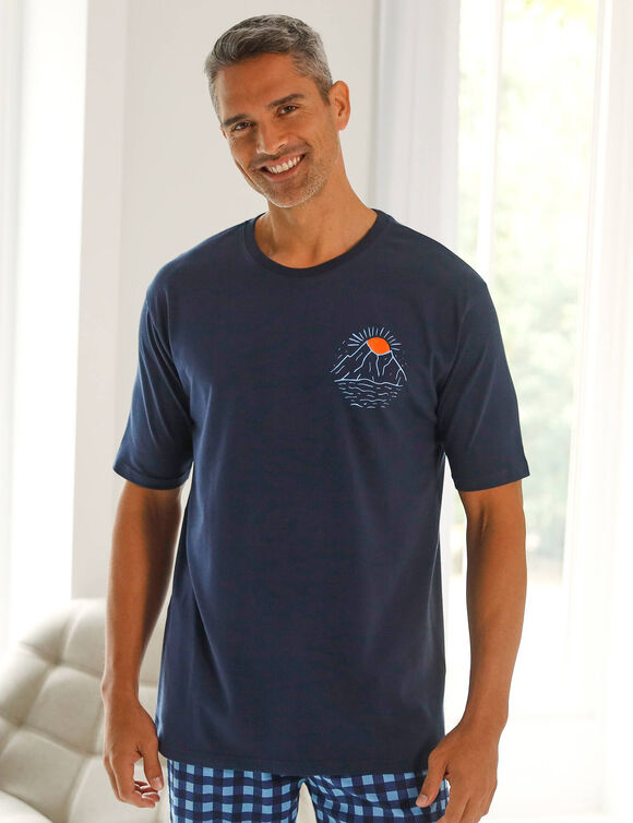 T-shirt pyjama coton imprim&eacute; plac&eacute; manches courtes (marine)
