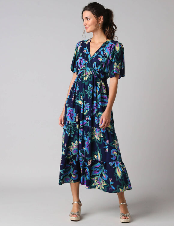 Robe longue volant&eacute;e imprim&eacute;e, manches courtes (bleu)