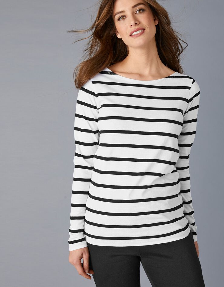 Tee-shirt marinière manches longues en coton bio, éco-responsable (blanc / noir) Tee-shirt marinière manches longues en coton bio, éco-responsable (blanc / noir)