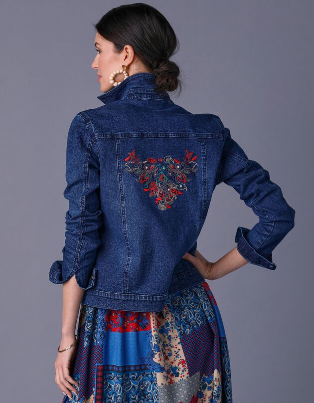 Veste jean brodée dos (stone / cerise)