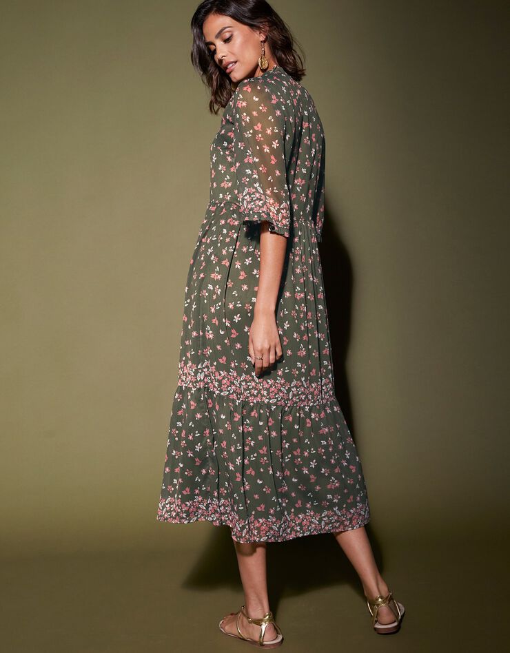 Robe volantée imprimée manches coudes (kaki)