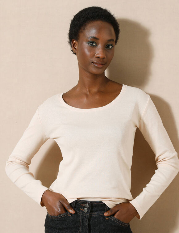 T-shirt uni manches longues en coton biologique(**) (beige)