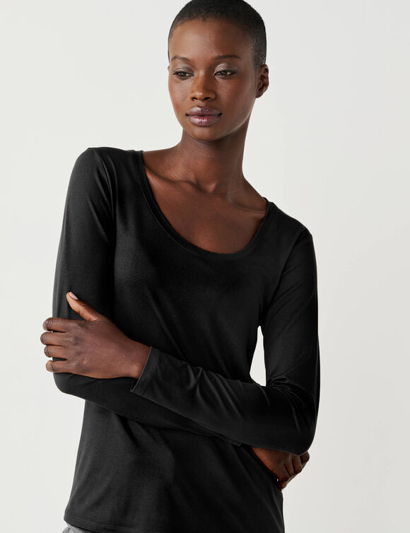 T-shirt col rond uni, maille douce (noir)