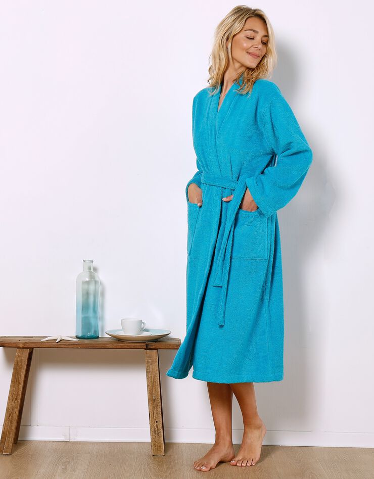 Peignoir mixte adulte col kimono éponge bouclette  (turquoise)