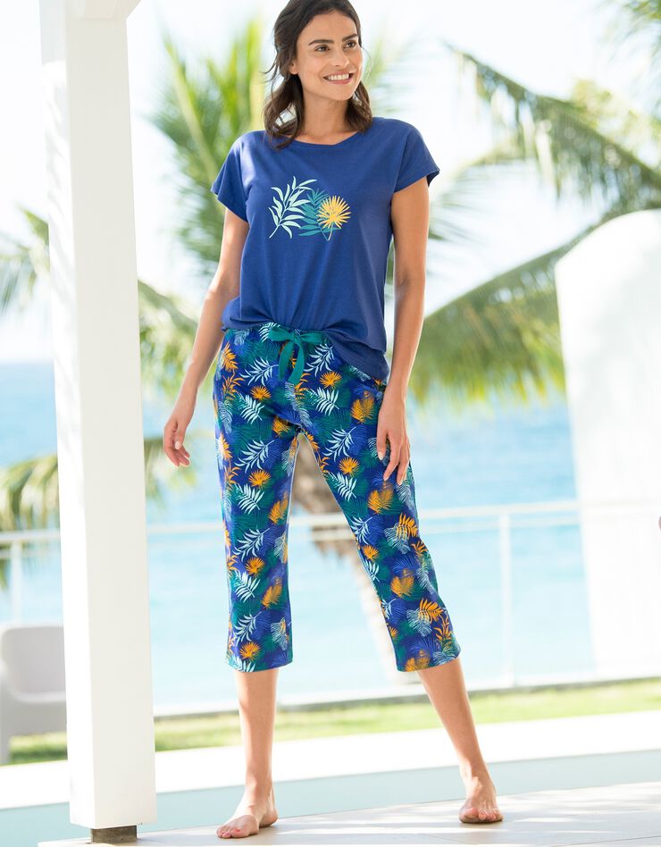 Pantacourt de pyjama en coton - imprimé tropical (bleu / safran)