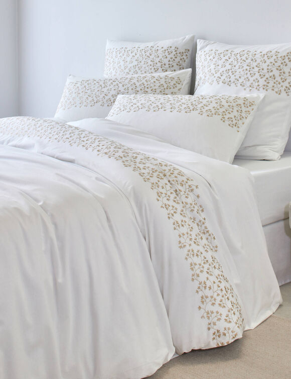 Linge de lit blanc brod&eacute; feuillage - coton 57 fils/cm&sup2; (blanc)