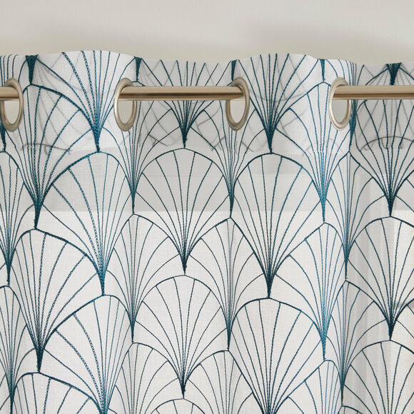 Voilage brod&eacute; motif art d&eacute;co - finition oeillets (bleu paon)