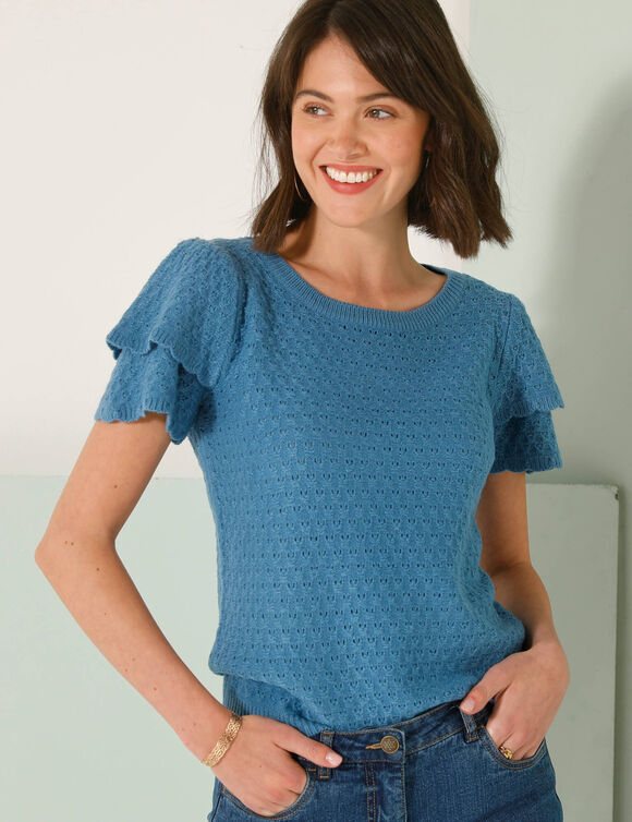 Pull manches courtes, maille fantaisie (bleu grisé)
