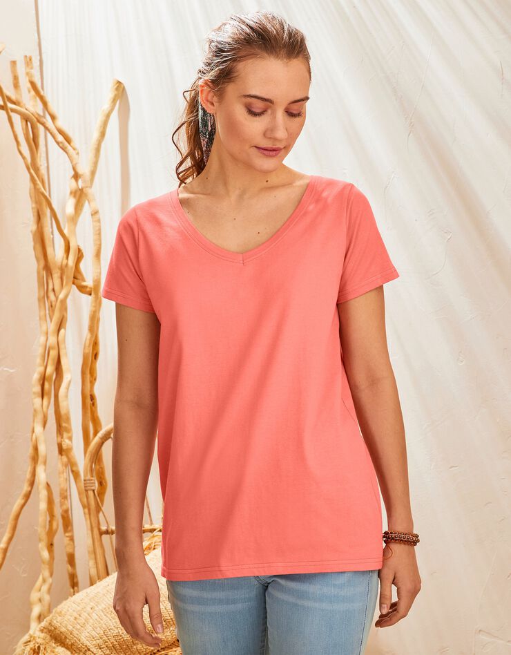 Tee-shirt col V uni manches courtes coton (mandarine) Tee-shirt col V uni manches courtes coton (mandarine)