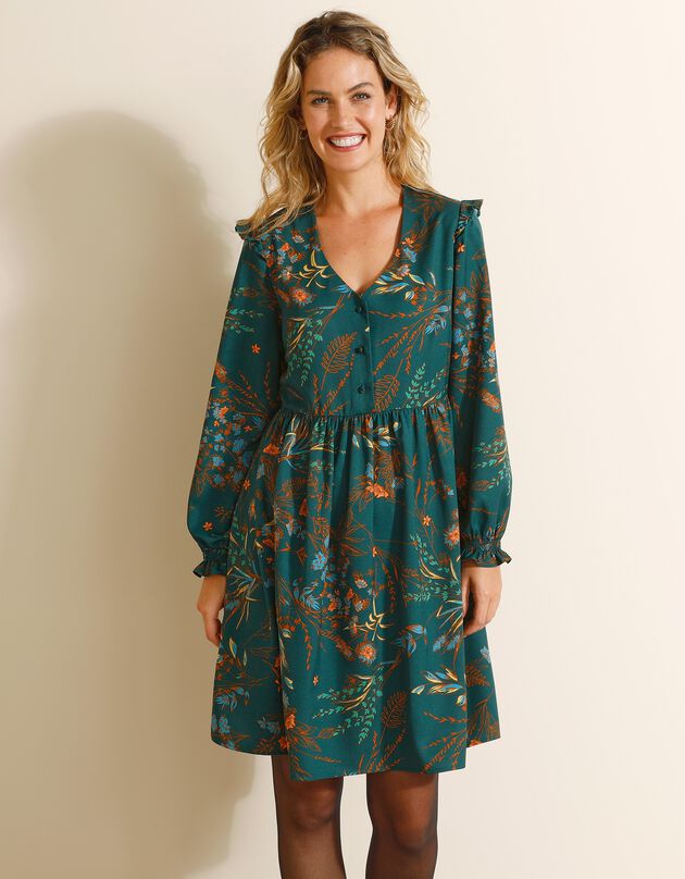 Robe imprimée col V (vert canard / caramel)