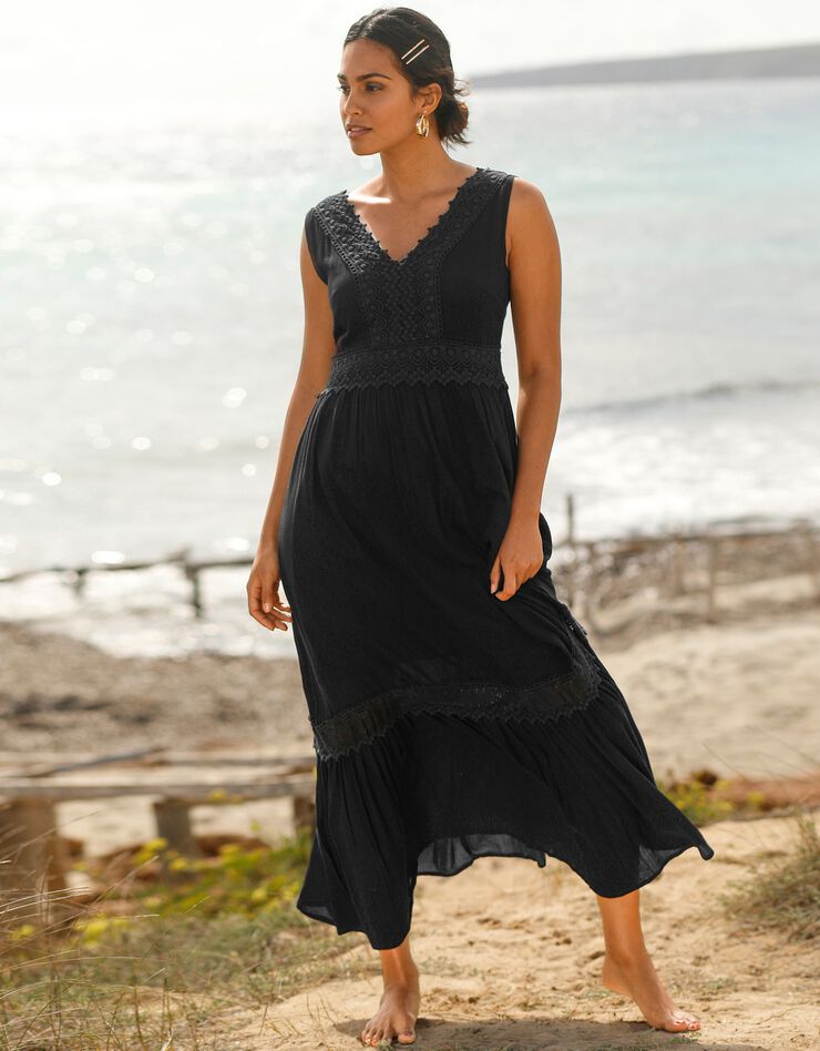 Robe longue volantée macramé (noir) Robe longue volantée macramé (noir)