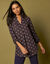 Blouse col tunisien imprimé pois, crêpe (marine / noisette)