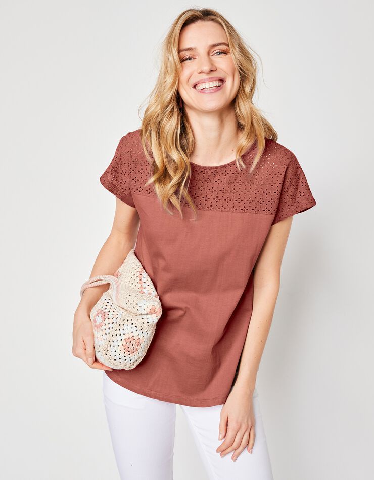 Tee-shirt broderie anglaise manches courtes (terracotta)
