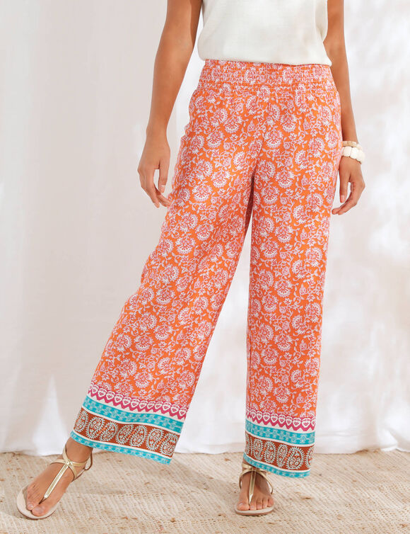 Pantalon large imprimé, taille haute smockée (orange)