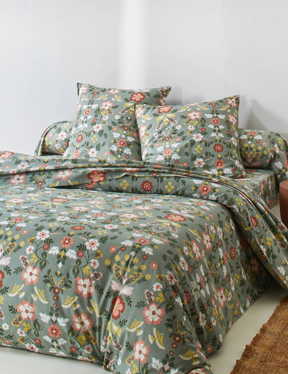 Linge de lit Louise en coton imprim&eacute; (kaki clair)