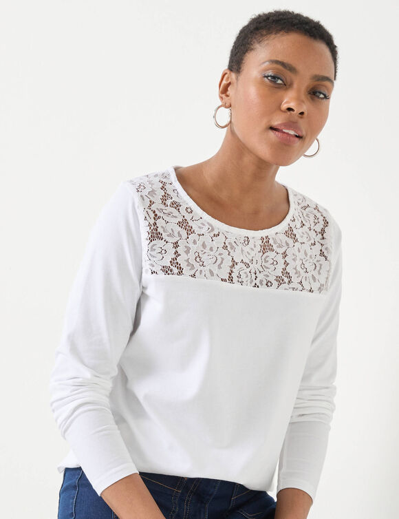T-shirt col rond manches longues dentelle (blanc)
