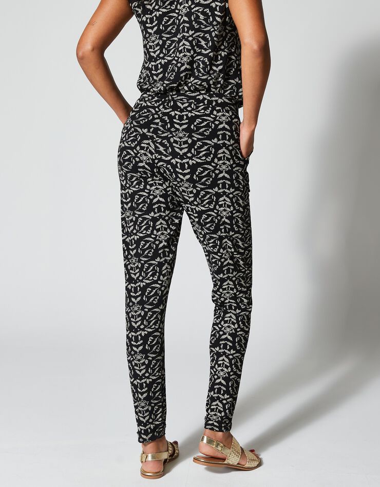 Pantalon fuselé taille élastiquée maille fluide imprimée (noir / écru)