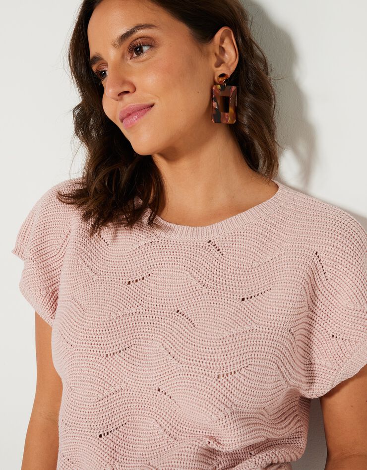 Pull manches courtes, maille fantaisie (rose poudré) Pull manches courtes, maille fantaisie (rose poudré)