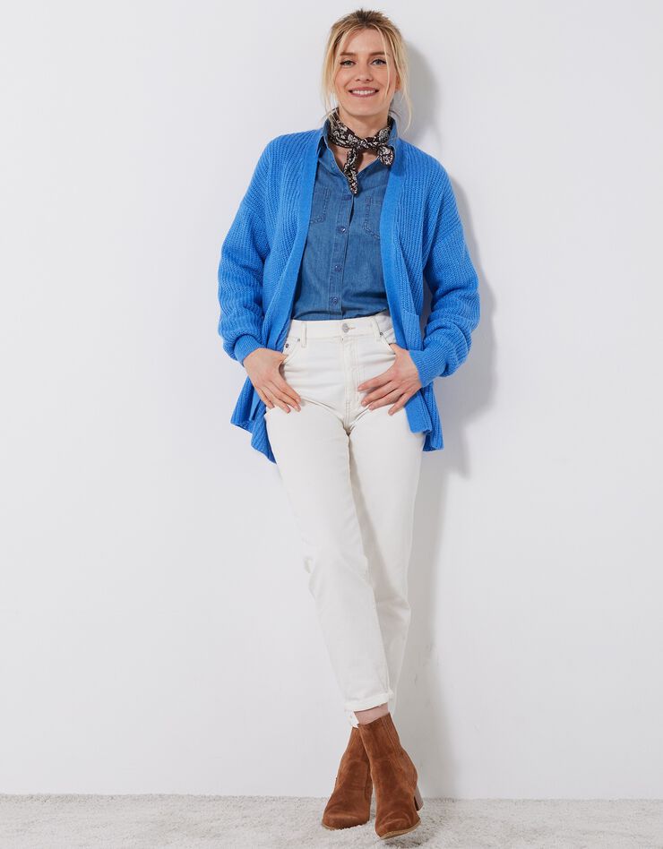 Gilet long porter ouvert, maille anglaise toucher mohair (bleu lavande)