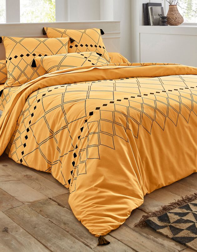 Linge de lit Massai coton à motifs graphiques et finitions pompons (curry)