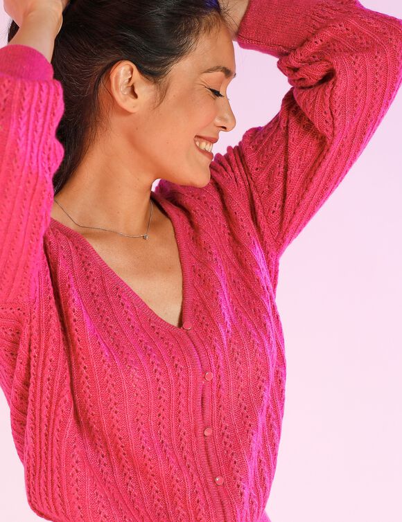 Gilet maille fantaisie ajourée (rose)