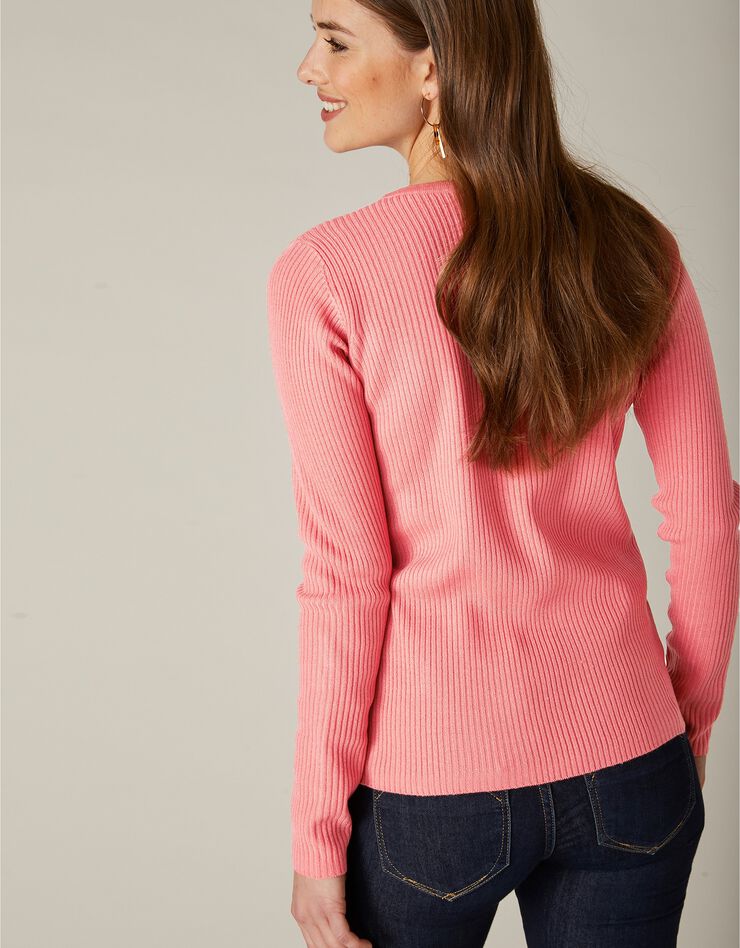 Pull maille côtelée col V uni (corail) Pull maille côtelée col V uni (corail)