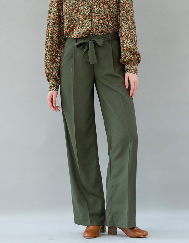 Pantalon large fluide, taille ceinturée, uni   (kaki)