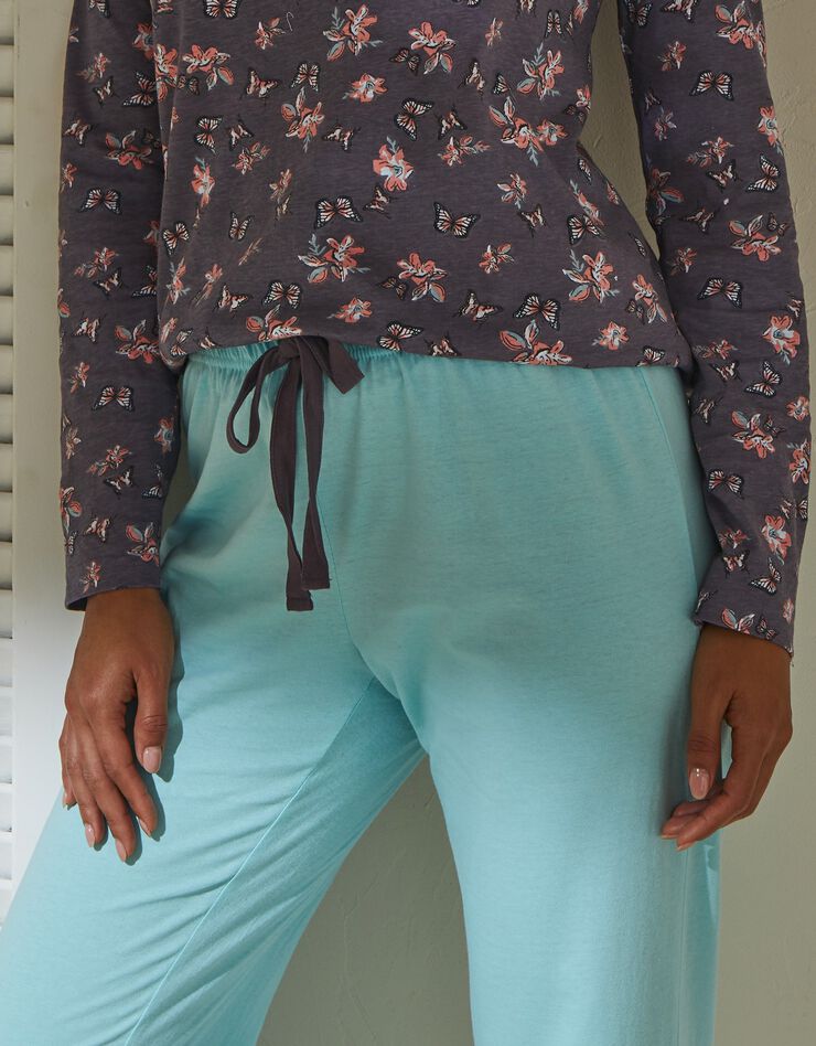 Pantalon pyjama imprimé placé papillons - coton (turquoise grisé) Pantalon pyjama imprimé placé papillons - coton (turquoise grisé)