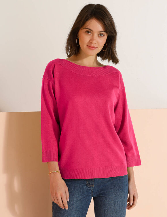 Pull col bateau manches 3/4, toucher doux (rose fuchsia)