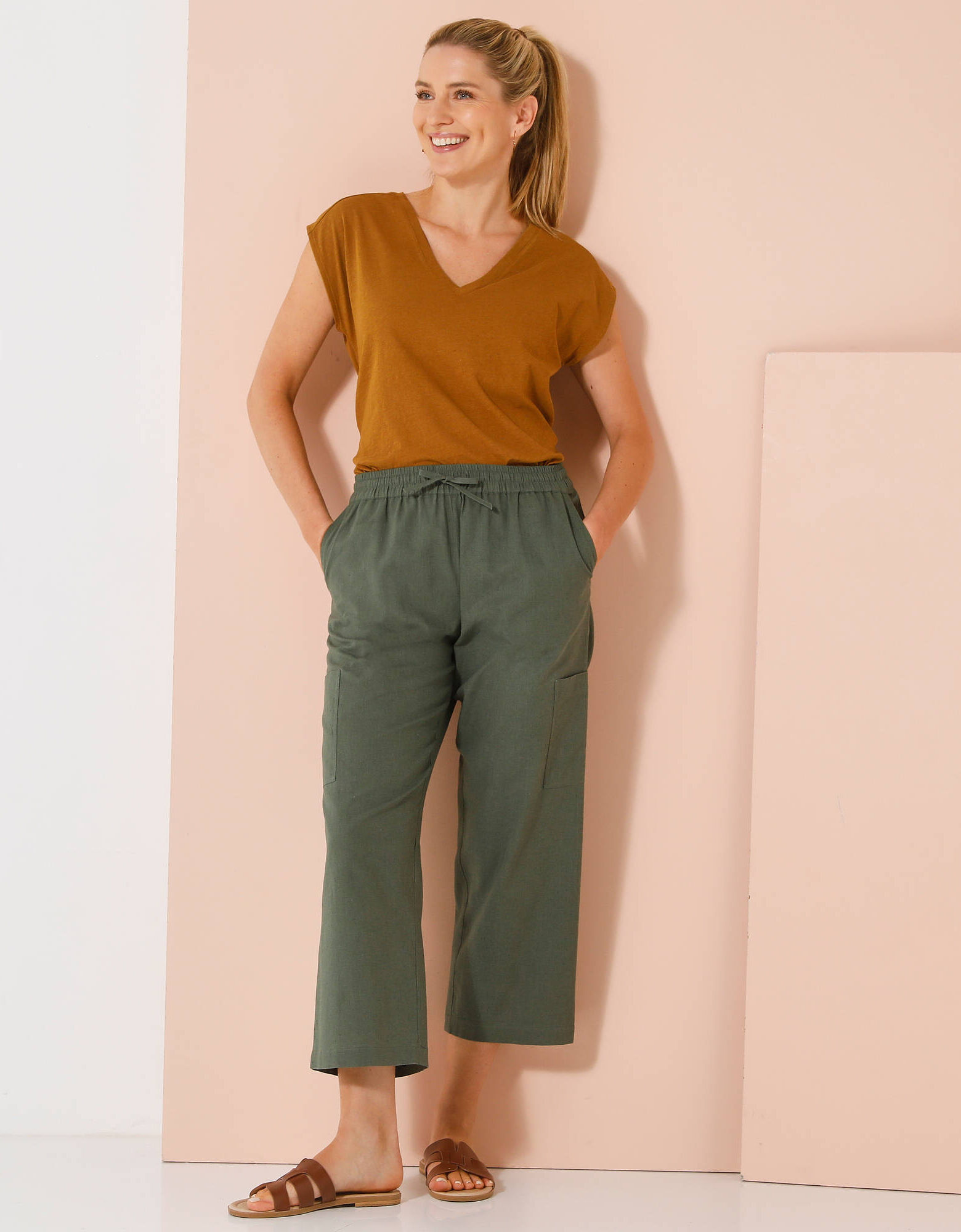 Pantalon Femme Taille Haute - Coton Élastique, Jambes Droites, Poches