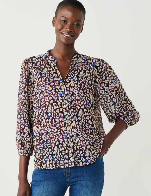 Chemisier boutonn&eacute;, voile imprim&eacute; l&eacute;opard (bleu / beige)