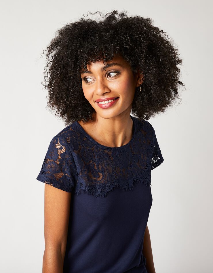 Tee-shirt dentelle col rond manches courtes (marine) Tee-shirt dentelle col rond manches courtes (marine)