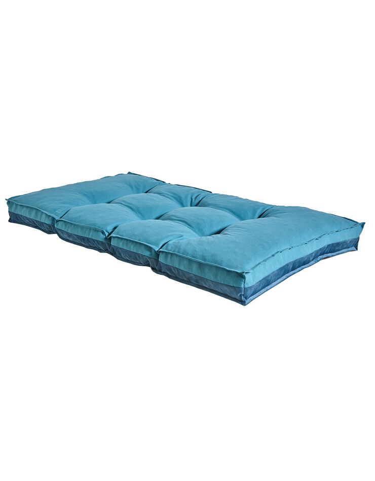 Long coussin de sol bi-matière velours/coton uni (bleu paon)