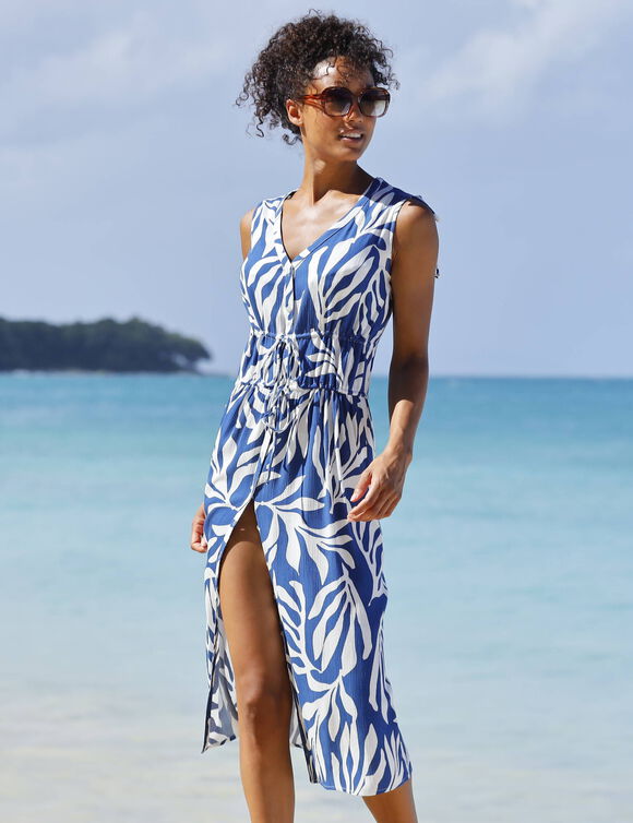 Robe de plage imprimée, crépon (bleu / écru)