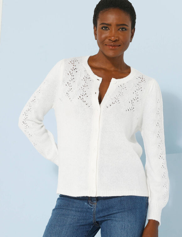 Cardigan col rond, maille ajourée (blanc)