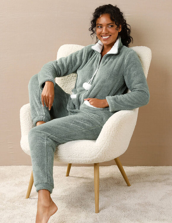 Pyjama pantalon polaire, avec veste zippée à pompons (kaki / écru)