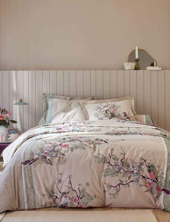 Linge de lit Birdy en coton imprim&eacute; oiseaux (sable)