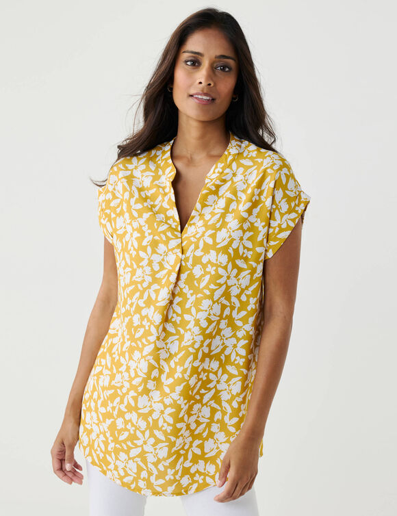 Tunique imprim&eacute;e, manches &agrave; revers (jaune / blanc)