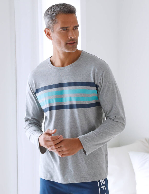 Tee-shirt pyjama manches longues rayures  (gris / aqua)