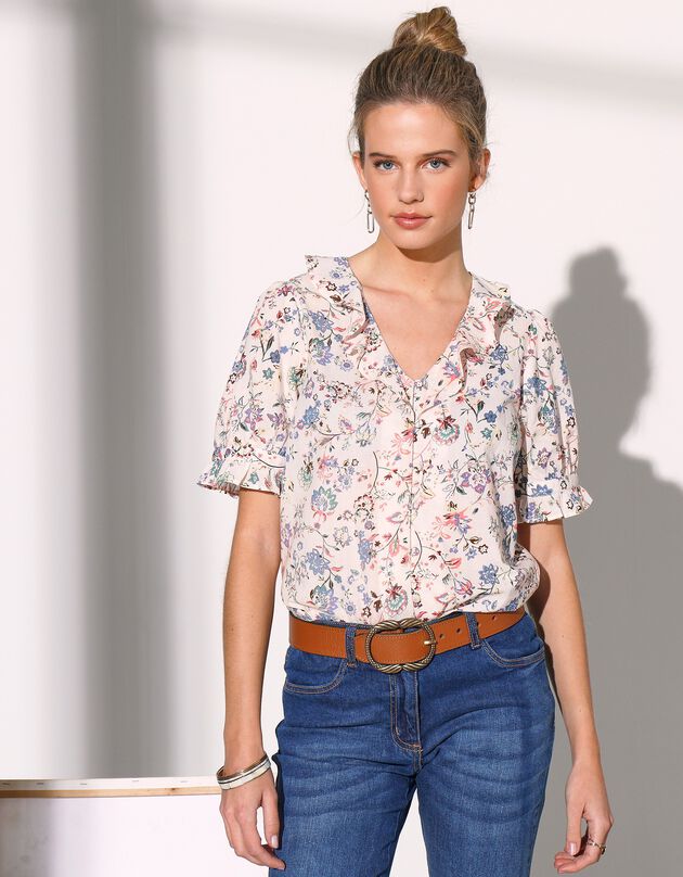 Blouse col V volanté imprimée (écru / bleu)