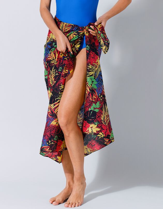 Paréo imprimé tropical voile de coton (marine / rose)