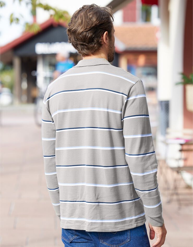 Polo rayé maille piquée chinée manches longues (gris chiné)