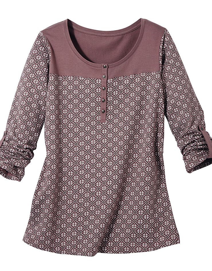Tee-shirt col tunisien imprimé graphique (taupe) Tee-shirt col tunisien imprimé graphique (taupe)