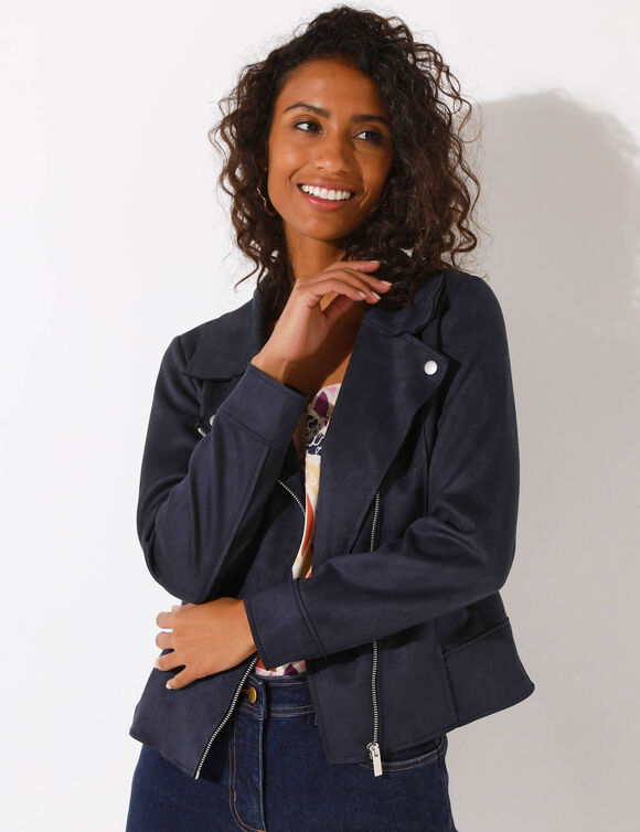 Blouson zippé col tailleur pressionné, suédine (marine)