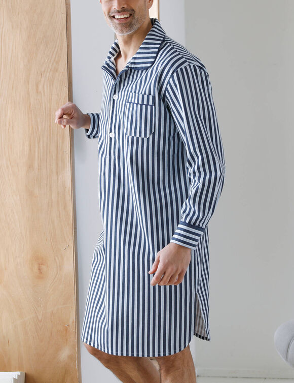 Liquette pyjama rayures flanelle coton (marine / &eacute;cru)
