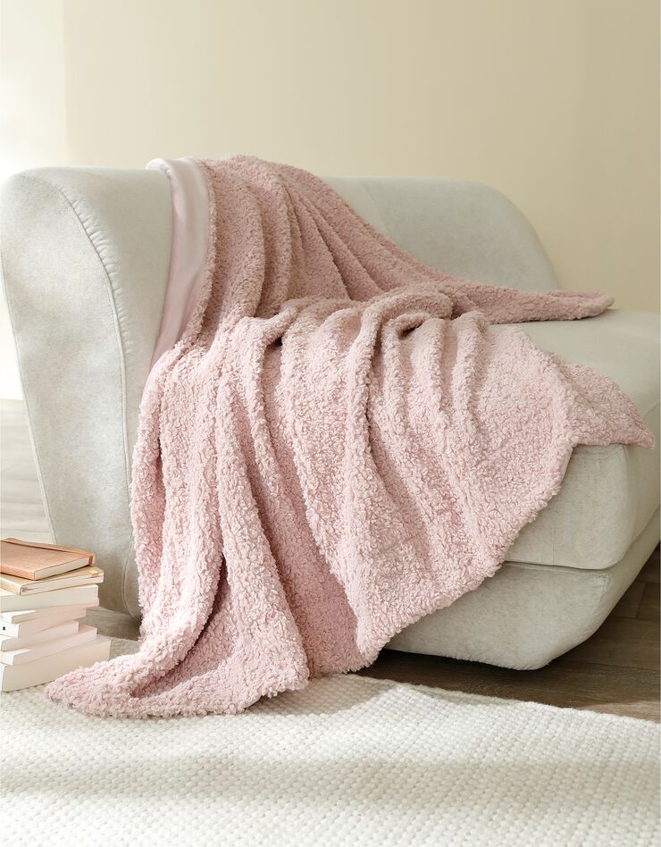Plaid bouclette sherpa moutonnée - réversible polaire (vieux rose)