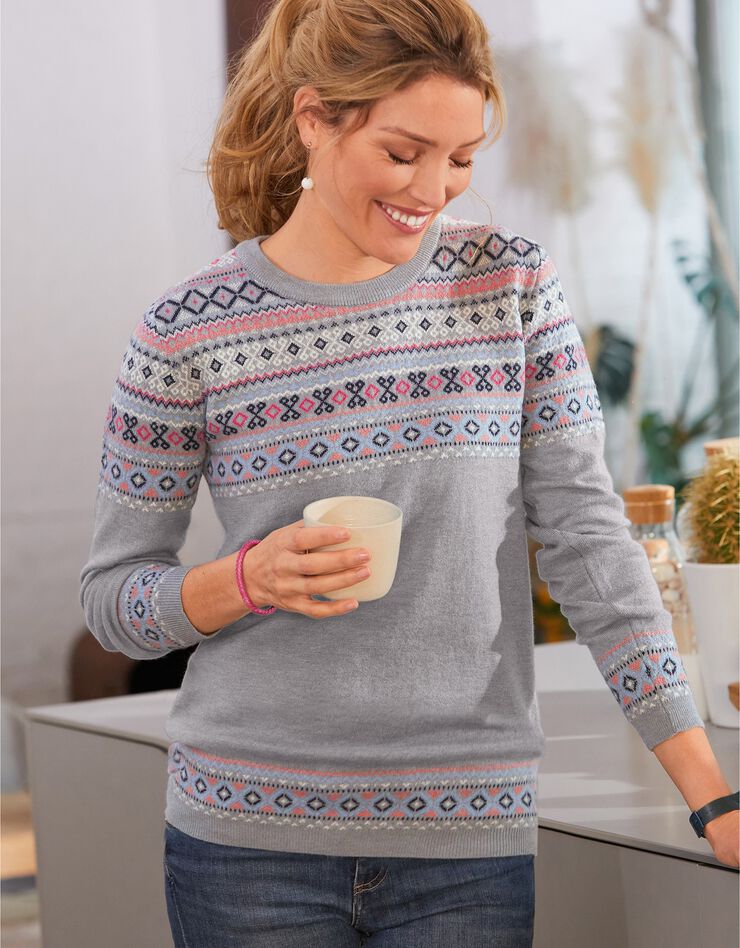 Pull jacquard col rond, laine d'agneau (gris chiné) Pull jacquard col rond, laine d'agneau (gris chiné)