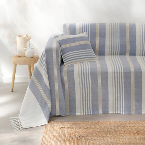 Plaid jeté multicolore coton tissage artisanal (bleu)