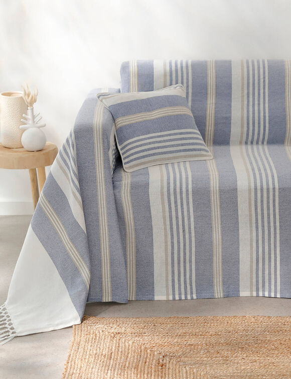 Plaid jeté multicolore coton tissage artisanal (bleu)